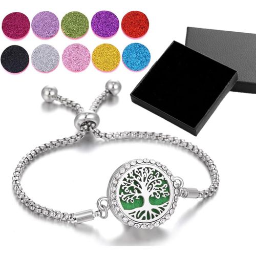 Eryi-Bracelets Pour Femmes, Réglable Bracelet Diffuseur D'huiles Essentielles Arbre De Vie En Acier Inoxydable,Aromathérapie Bijoux En Cadeaux De Précieuses Avec Coffret Cadeau Avec 10 Tampons De Rec