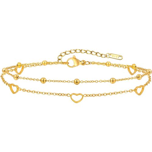 Eryi-Bracelets De Cheville Pour Femmes \U2013 Cheville En Acier Inoxydable À Double Couche Avec Pendentif C?ur, Longueur Réglable 21 + 5 Cm, Fermoir Mousqueton Solide \U2013 Cadeau Pour Femme/Mère/Ma