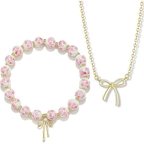 Eryi-Ensemble Bracelet 14k Plaqué Or Pour Femmes Et Collier - Élégant Bracelet Perles Avec Porcelaine Bleu-Blanc Et Pendentif N?ud - Collier Ras-De-Cou N?ud Fin