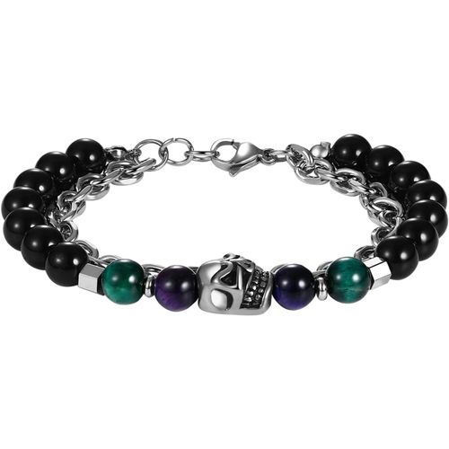 Eryi-Bracelet Homme De Perles Réglable En Obsidienne: Bracelet De Perles Réglable Avec Pendentif Tête De Mort Multicouche En Acier Inoxydable