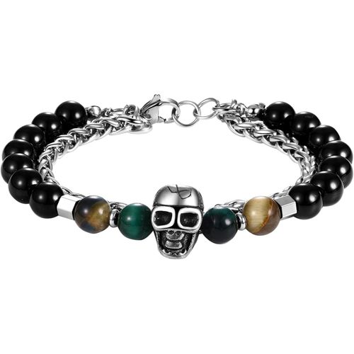 Eryi-Bracelet Homme De Perles Réglable En Obsidienne: Bracelet De Perles Réglable Avec Pendentif Tête De Mort Multicouche En Acier Inoxydable