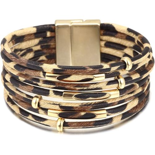 Eryi-Bracelets Enroulés En Cuir Pour Femme - Style Bohème - Léopard - Multicouche - Perles De Cristal - Avec Boucle Magnétique - Empilable - Cadeau Pour Femme Et Fille