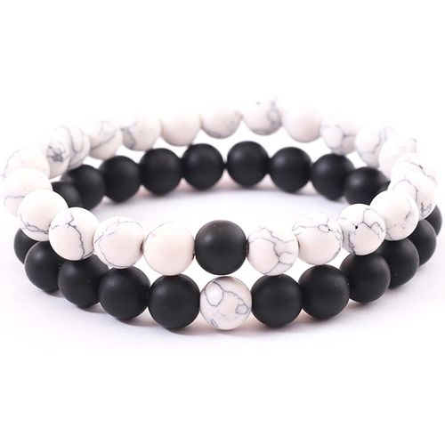 Eryi-Bracelet En Pierres Naturelles 2 Pack - Distance Couple Bracelet Avec Crown King & Queen Noir Mat Agate & White Howlite 8 Mm Bracelet Perles