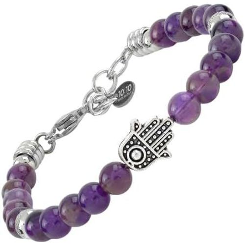 Eryi-10:10 Bracelet En Acier Inoxydable Hypoallergénique Et Pierres Naturelles Diamètre 6 Mm, Main De Fatima. Fabriqué En Italie