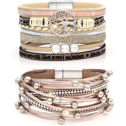 Eryi-Ensemble De Bracelet En Cuir Multicouche 2 Pièces Bracelet De Perles Bracelet Manchette Avec Boucle Magnétique Pour Femme