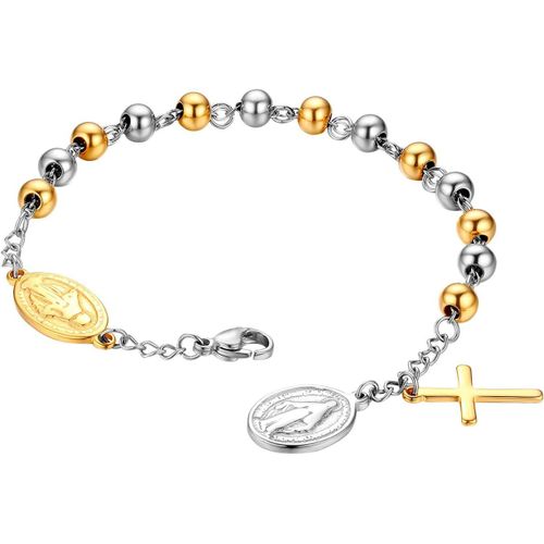 Eryi-Bracelet Perles Pendentif Croix Pour Femme Homme, Collier En Acier Inoxydable Chaîne Motif Religieux La Vierge Marie Couleur Or/Argent Fantaisie Cadeaux Noël Anniversaire