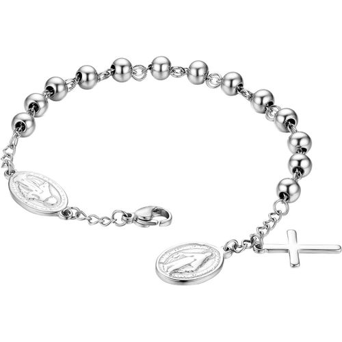 Eryi-Bracelet Perles Pendentif Croix Pour Femme Homme, Collier En Acier Inoxydable Chaîne Motif Religieux La Vierge Marie Couleur Or/Argent Fantaisie Cadeaux Noël Anniversaire