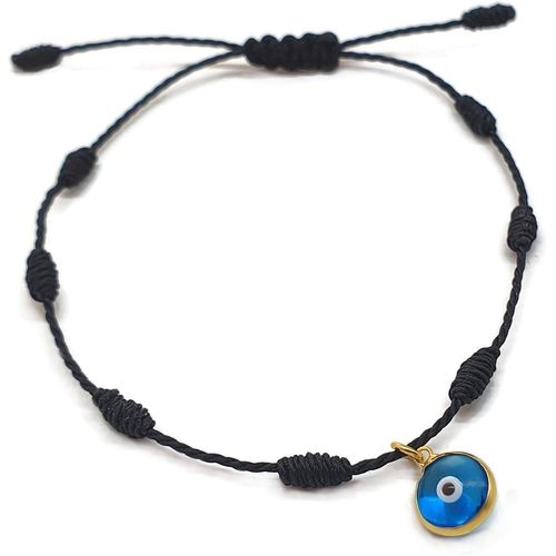 Eryi-By Dalia - Bracelet Kabbalah - Cordon 7 Noeuds De Fil Noir Avec Un Petit Oeillet En 925 Argent Plaqué Or - Unisexe - Réglable - Protection De Mal D'oeil - Bonne Chance - Good Luck