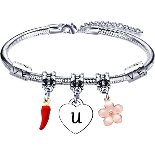 Eryi-Personnalisable Lettres Bracelet,Acier Inoxydable Bracelets Pendentifs Pour Femmes,Maman Fille, Amie Soeur Colega Marraine Enseignant Bracelets Coeur Bijoux Cadeau Réglable