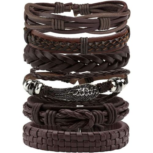 Eryi-6 Pcs Multicolore Tressé Pu Wrap Bracelets Ethnique Tribal Chanvre Cordons Réglable Empilable Manchette
