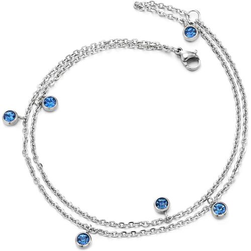 Eryi-Deux Rangs Acier Femme Bracelets De Cheville Avec Pendantes Cercle Charmes De Solitaire Bleu Zircone Cubique