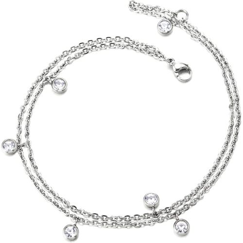 Eryi-Deux Rangs Acier Femme Bracelets De Cheville Avec Pendantes Cercle Charmes De Solitaire Bleu Zircone Cubique