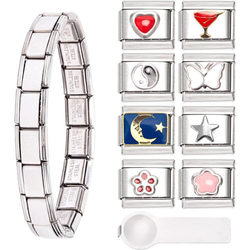 Eryi-Ensemble De Bracelet De Charme Italien, 8 Charmes Italiens Supplé Mentaires Avec Outil D'ouverture, Lien De Bracelet À Charme Modulaire Amovible De 9 Mm, Charmes De Style Italien Für Damen