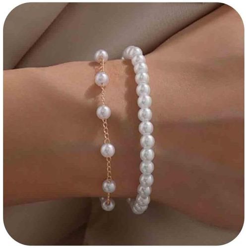 Eryi-Bracelet Vintage En Perles Bracelet En Chaîne En Perles Bracelet En Perles À Double Couche Bracelet En Chaîne Pour Femmes (Doré)