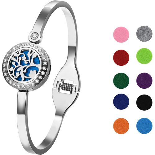 Eryi-Bracelet Diffuseur D'huiles Essentielles Arbre De Vie Aimant Ronde Ouvert En Acier Inoxydable Avec 10 Pièces Recharge Coussins Lavable,Cadeau Fête Des Mères Noël Saint-Valentin