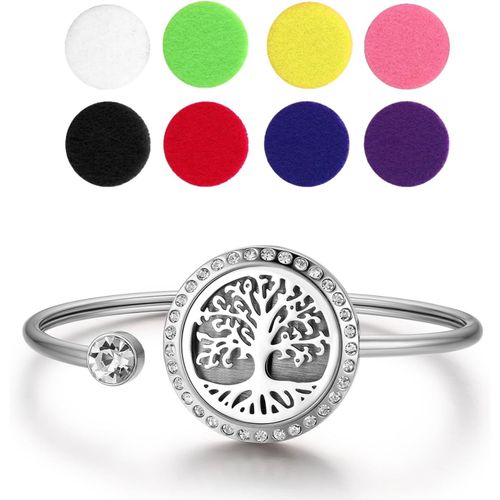 Eryi-Bracelet Diffuseur D'huiles Essentielles Arbre De Vie Aimant Ronde Ouvert En Acier Inoxydable Avec 10 Pièces Recharge Coussins Lavable,Cadeau Fête Des Mères Noël Saint-Valentin