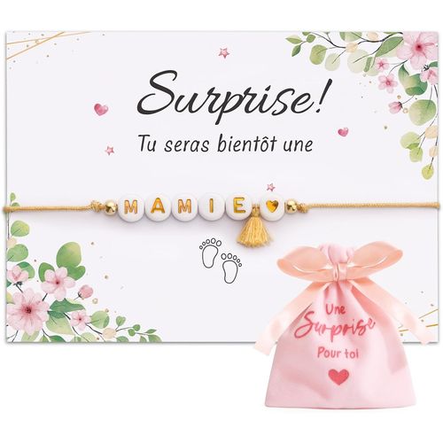 Eryi-Kit De Cadeau Annonce Grossesse Mamie Bracelet Mamie C?ur Doré Perles Et Carte De V?ux Tu Seras Bientôt Une Mamie Avec Sachet Rose Surprise Future Demande Annonce Pour Fête Naissance Baptême Noë