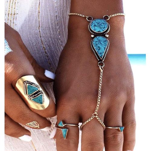 Eryi-Bracelet En Argent Avec Bague Turquoise - Bracelet Bohème - Chaîne D'esclave - Bijoux Pour Femmes Et Filles, 1 Count (Pack Of 1), Métal Pierre