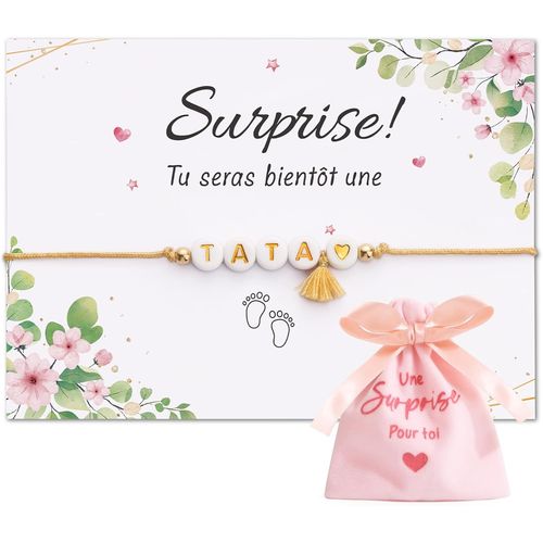 Eryi-Kit De Cadeau Annonce Grossesse Tata Bracelet Tata C?ur Doré Perles Et Carte De V?ux Tu Seras Bientôt Une Tata Avec Sachet Rose Surprise Future Demande Annonce Pour Fête Naissance Baptême Noël