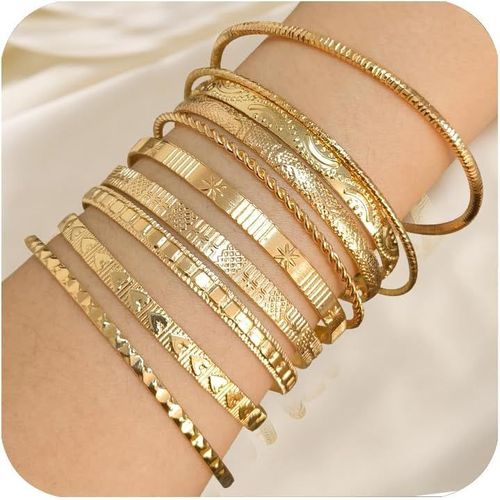 Eryi-10 Pièces Bracelets À Manchette Or Pour Femme, Multi Empilable Manchette Or Large De Bracelet Gros Bracelet Joncs En Métal Texturé Bracelets Bijoux Pour Femmes Et Filles