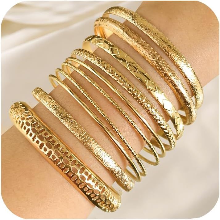 Eryi-10 Pièces Bracelets À Manchette Or Pour Femme, Multi Empilable Manchette Or Large De Bracelet Gros Bracelet Joncs En Métal Texturé Bracelets Bijoux Pour Femmes Et Filles