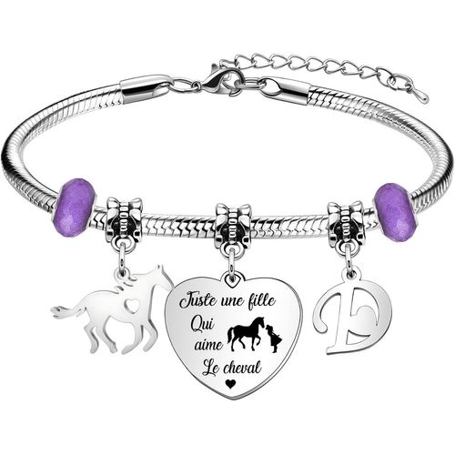 Eryi-Cadeau D'amant Animal,Coeur D'argent Drôle Pendentif Cheval Bracelet 26 Lettres Initiales A - Z Rappel Bracelet Bijoux Fille S?ur Ami Petite - Fille Nièce