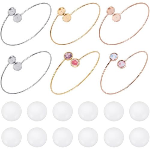 Eryi-6 Pcs 3 Couleurs Bracelet Cabochon Bicolore Acier Inoxydable Réglable Bracelet Manchette Plateau De 8mm Bracelets Avec 8pcs Cabochons En Verre Pour La Fabrication De Bijoux