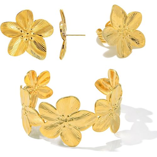 Eryi-Bracelet Manchette Ouverte, Réglable Bague, Fleurs Boucles D'oreilles, Parure Bijoux Ensemble Fleurs Glamour, Or Parure De Fleurs Pour Femmes Filles, Cadeaux Pour Les Anniversaires Et Noël