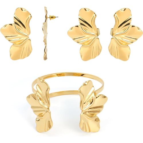 Eryi-Bracelet Manchette Ouverte, Réglable Bague, Fleurs Boucles D'oreilles, Parure Bijoux Ensemble Fleurs Glamour, Or Parure De Fleurs Pour Femmes Filles, Cadeaux Pour Les Anniversaires Et Noël
