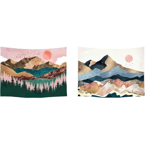 Kal-\U2013 Tapisserie -La Nature Soleil Montagnes Bohémien -73cm X 95cm \U2013 Lot De 2 Designs -Tissu Tapisserie Peinture -Poster Art -Brun Rose Vert