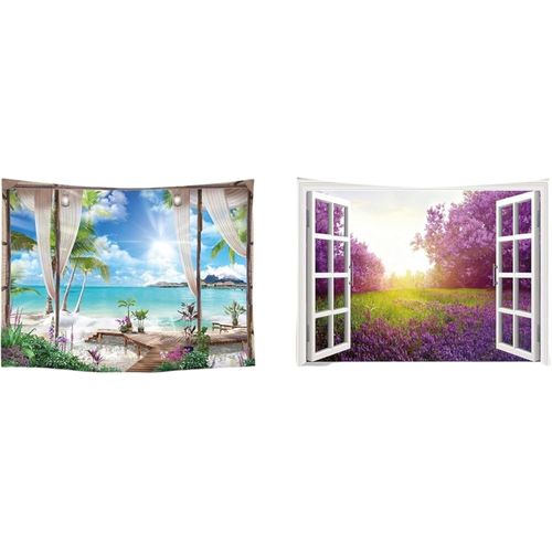 Kal-\U2013 Tapisserie -Plage Mer Fleurs Lavande La Nature -73cm X 95cm \U2013 Lot De 2 Designs -Tissu Tapisserie Peinture -Poster Art -Bleu Blanche Lilas