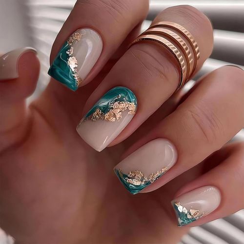 Kal-® 24pcs Marbre Court Press On Nails Forme Carrée Stick On Nails Pour Femme Longueur Moyenne Faux Ongles Avec Motifs Cyan Nude 