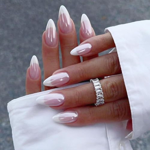 Kal-24pcs Faux Ongles Amande Moyen Aurore Rose French Blanc Tips Press On Nails Brillants Ballerine Ongles À Coller Réutilisables Naturel Ongles Artificiels Acrylique Faux Ongles Pour Femmes Filles 