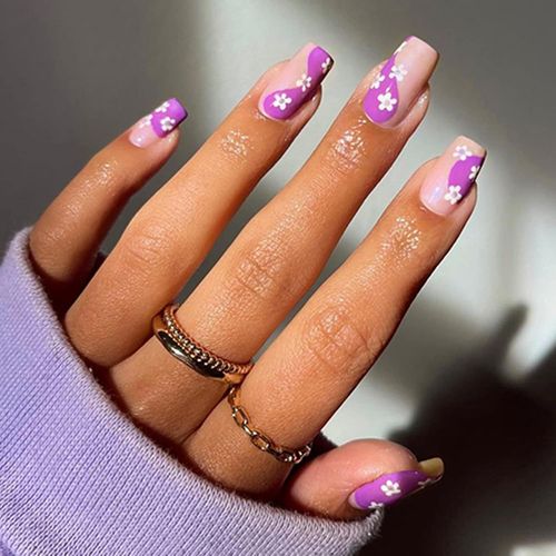 Kal-24 Pièces Carrés Faux Ongles Court, French Ongles À Presser Acrylique Ongles Avec Onglet Adhésif, Glossy Artificiels Ongles À Coller Pour Femmes Et Filles Nail Art (Fleurs Violettes) 