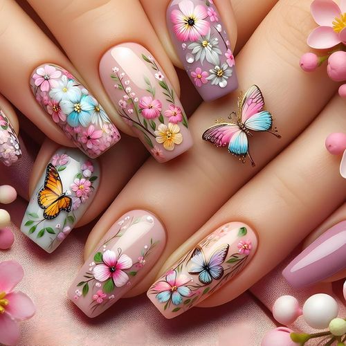 Kal-24 Pièces Faux Ongles Moyenne Cercueil, Rose Français Naturel Ongles À Coller, Papillon Et Fleurs Motif Press On Nails, Acrylique Gel Faux Ongles Autocollants Pour Femmes Et Filles Nail Art 
