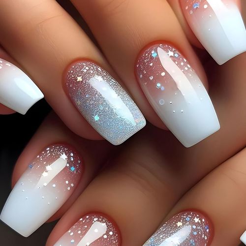 Kal-24 Pièces Faux Ongles Moyenne Carrés, Français Naturel Ongles À Coller, Blanc Et Bleu Dégradé Press On Nails, Acrylique Gel Brillant Faux Ongles Autocollants Pour Femmes Et Filles Nail Art 