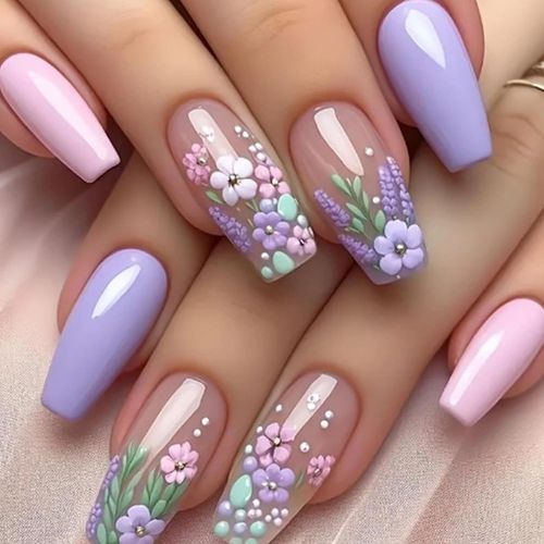 Kal-24 Pièces Faux Ongles Moyenne Cercueil, Rose Violet Français Naturel Ongles À Coller, Press On Nails Avec Fleurs Design, Acrylique Gel Faux Ongles Autocollants Pour Femmes Et Filles Nail Art 
