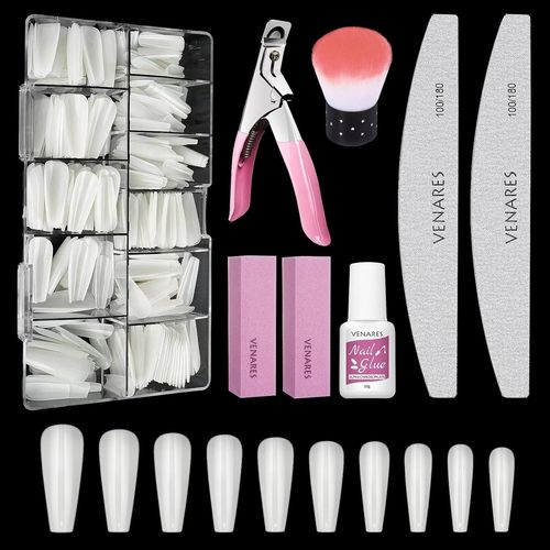 Kal-Vernares - Lot De 500 Faux Ongles - En Gel - 10 Différentes Tailles - Avec Colle À Ongles, Limes À Ongles, Bloc De Brosse À Ongles Et Coupe-Ongles 