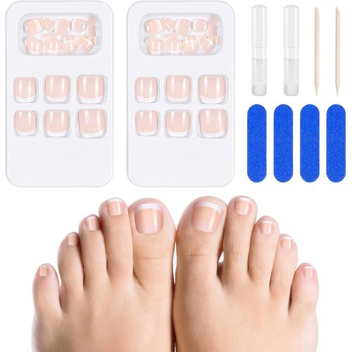 Kal-48 Pieces Faux Ongles Pieds, Orteil Capsule Ongles Français Rose En Acryliqu, Couverture Complète Toe Nails Avec Limes À Ongles Pour Femmes Manucure, 12 Tailles 