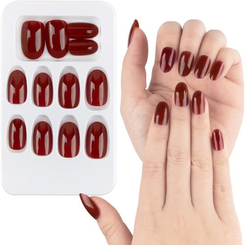 Kal-24pcs Faux Ongles Courts Rouges Sticker Rond Nail Art Couverture Complète Avec Autocollant À Ongles Accessoires Bricolage Ongles De Ballerine Avec Colle Cadeau Femme Fille Noël (Rouge) 