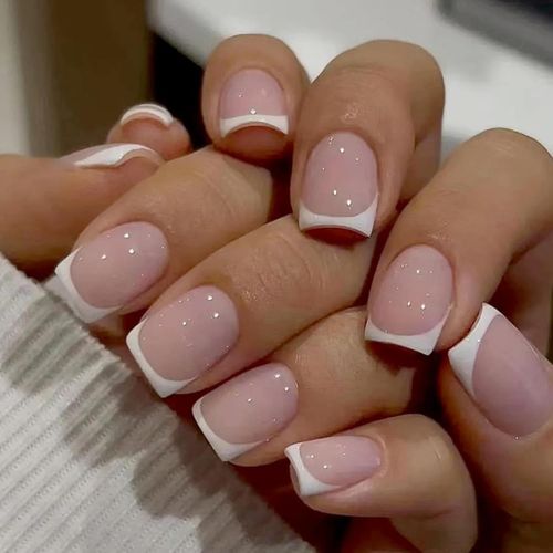 Kal-24 Pièces Faux Ongles Français Carré Court Ongles À Coller, Français Press On Nails Avec Bordure Blanche Dessin, Acrylique Pleine Couverture Bâton Sur Ongles Pour Femme Et Fille Nail Art 