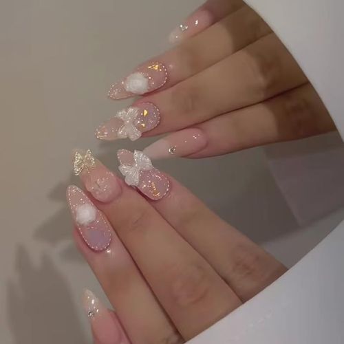 Kal-Lot De 24 Faux Ongles À Coller, En Forme D'amande, En Forme D'amande, Rose, Mignons, Blancs, Avec N?ud En Forme De Fleur, En Acrylique, Accessoires De Nail Art Pour Femme 