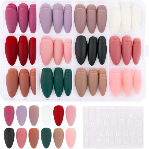 Kal-288pcs Faux Ongles Amande Avec Autocollant À Ongles Nail Art Accessoire Bricolage Ongles Avec Colle Pour Manucure 12 Couleurs 