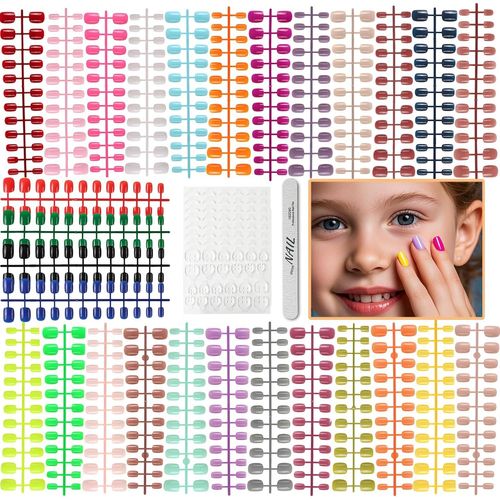 Kal-672 Pièces Faux Ongles Pour Enfants - 28 Couleurs Brillantes Ongles Carrés Avec 8 Autocollants Adhésifs Et 1 Lime À Ongles, Set De Décoration Nail Art Pour Enfants 