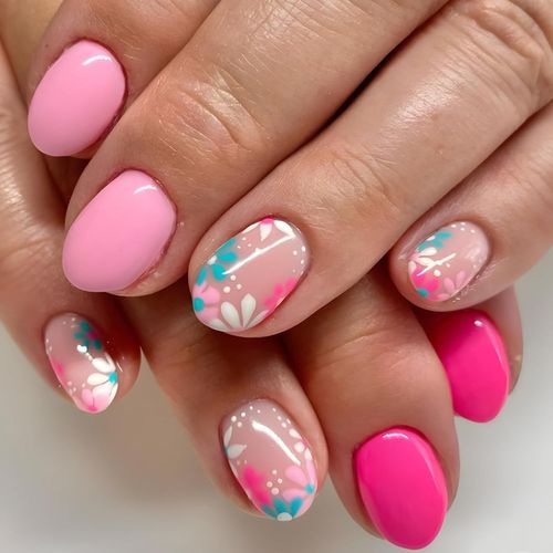 Kal-24pcs Faux Ongles Autocollants, Court Ovale Ongles À Presser French Press On Nails, Rose Fleurs Acrylique Ongles Naturel Réutilisables Pour Femmes Et Filles Manucure Décoration 