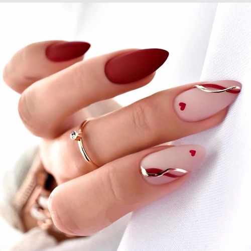 Kal-24 Pcs Swirl Amande Faux Ongles Court Avec Coeur Motif,Mat Rouge French Press On Nails Court,Glossy Oval Faux Ongle Avec Colle Pour Femme Et Ado,Moyen Faux Ongles À Coller Nail Art 