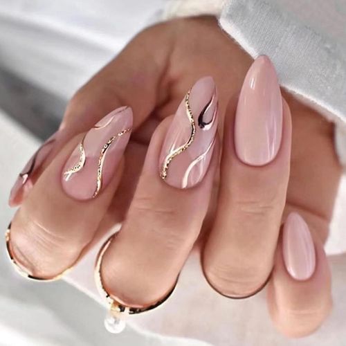 Kal-24 Pcs Gold Swirl Amande Faux Ongles Court Motif,Pink French Press On Nails Court,Glossy Oval Faux Ongle Avec Colle Pour Femme Et Ado,Moyen Faux Ongles À Coller Nail Art 