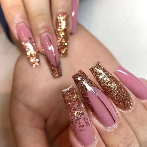 Kal-24 Pcs Glitter Coffin Faux Ongles Long,Doré French Press On Nails Motif,Glossy Pink Cercueil Faux Ongle Avec Colle Pour Femme Et Fille,Ballerine Faux Ongles À Coller Nail Art 