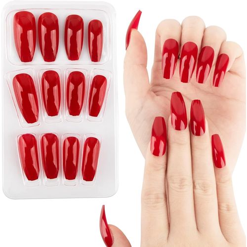 Kal-24pcs Faux Ongles Longs Rouges Sticker Nail Art Couverture Complète Avec Autocollant À Ongles Accessoires Bricolage Ongles De Ballerine Avec Colle Cadeau Femme Fille Noël (Rouge) 