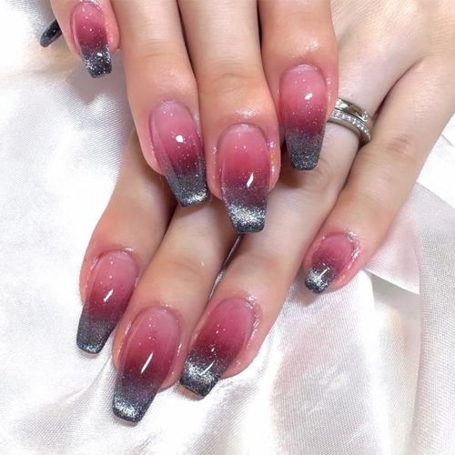 Kal-24 Pcs Noir Coffin Faux Ongles Long, Burgundy French Press On Nails Motif,Glossy Cercueil Faux Ongle Avec Colle Pour Femme Et Fille,Ballerine Faux Ongles À Coller Nail Art 